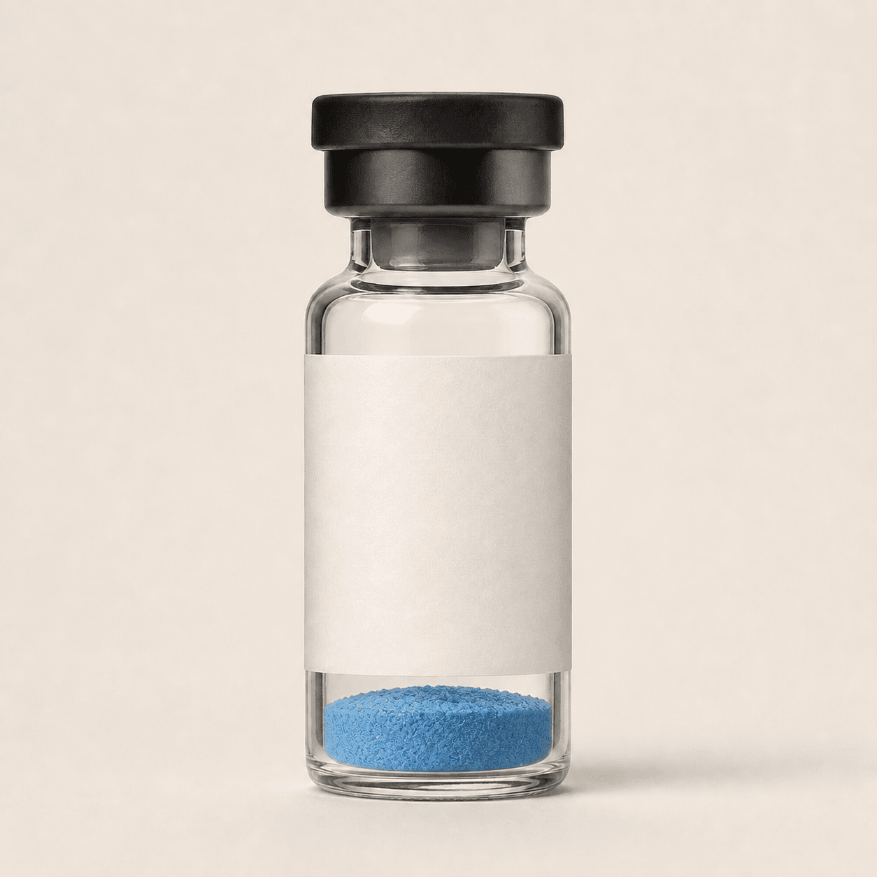 Studio rendering of a labeled GHK-Cu vial with blue powder